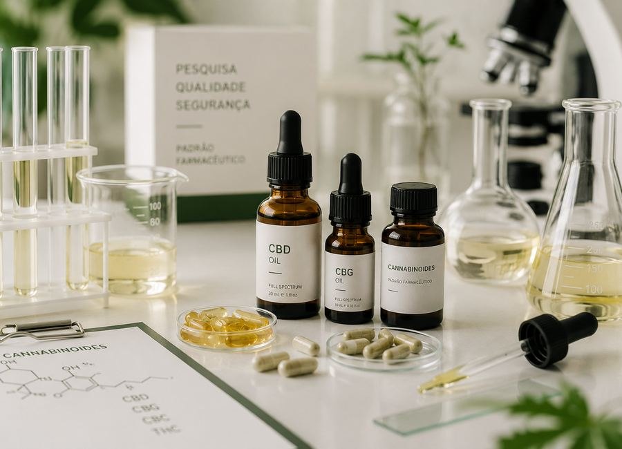 Bancada de laboratório com canabinoides, tubos de ensaio e estrutura molecular de referência